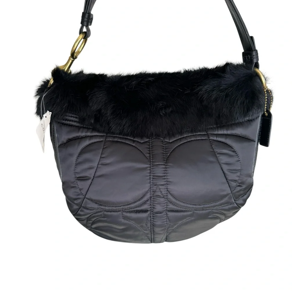 🆕 Coach Fur Signature Shoulder Bag Black Quilted Hobo